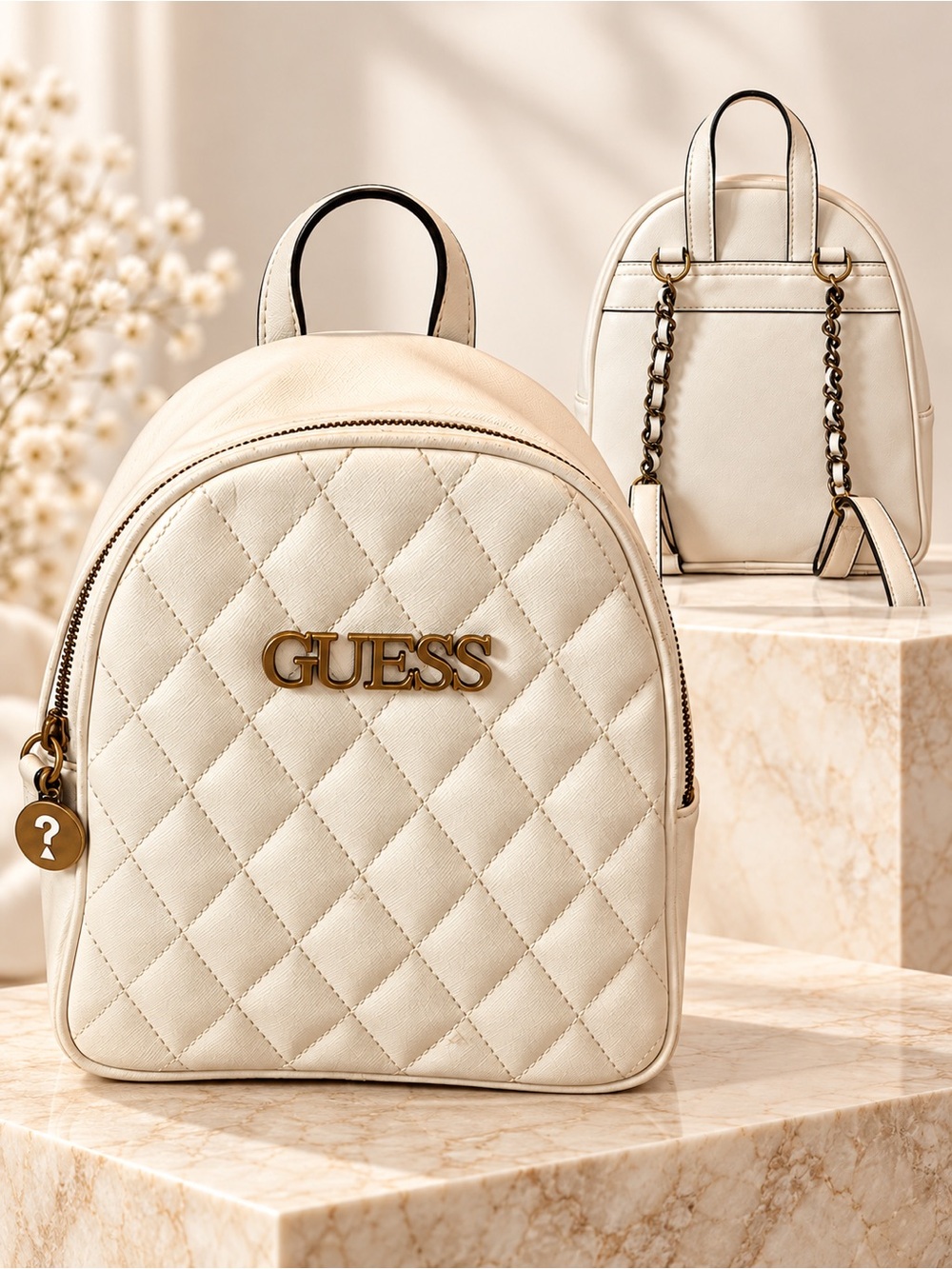 GUESS Ivory Quilted Mini Backpack with Chain Straps